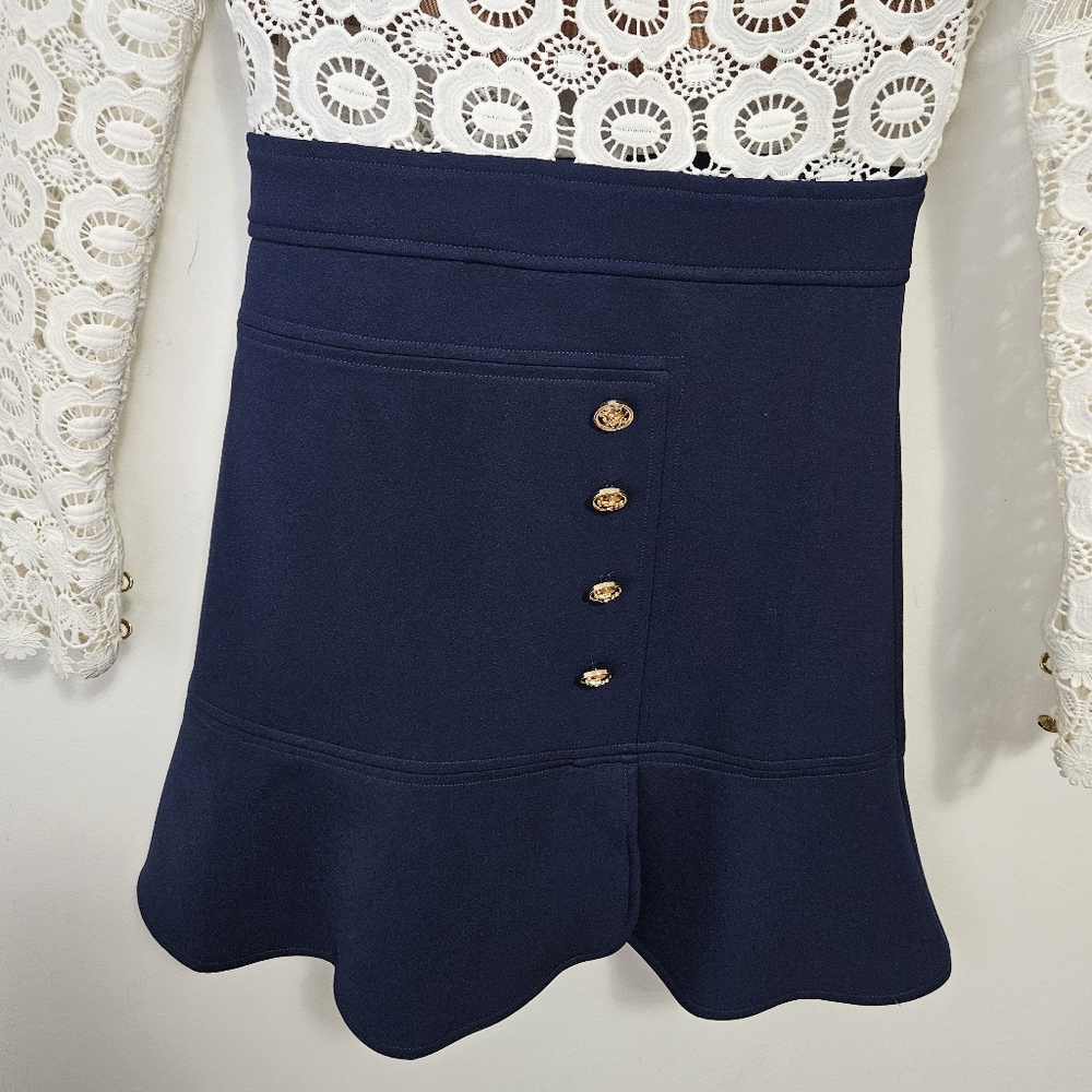 Self-Portrait White Guipure Lace A-Line Mini Dress Sz 2 White Navy Blue - Picture 6 of 13